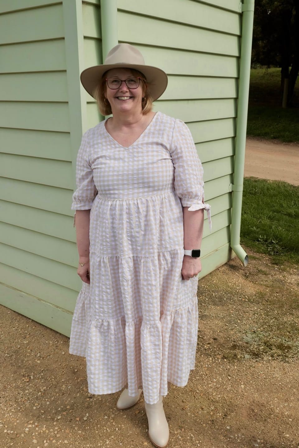 Customer photo review of Romy Midi Dress in Beige