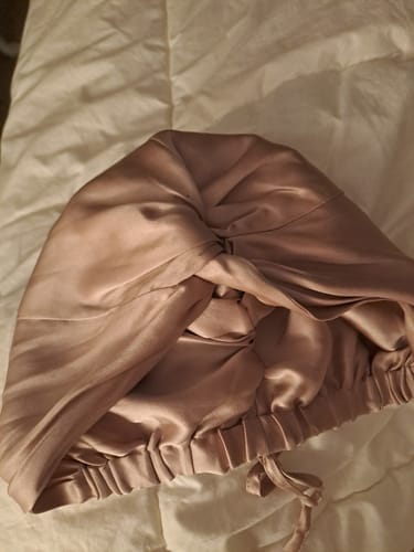 Customer photo review of Pink Mulberry Silk Hair Bonnet – Double-Lined, Adjustable Fit