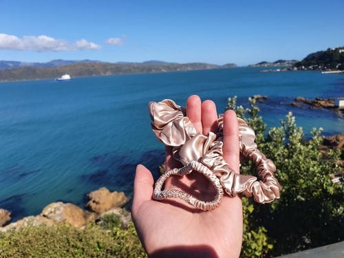 Customer photo review of Silk Scrunchies Trio - Champagne Gold - Mini, Small, Medium