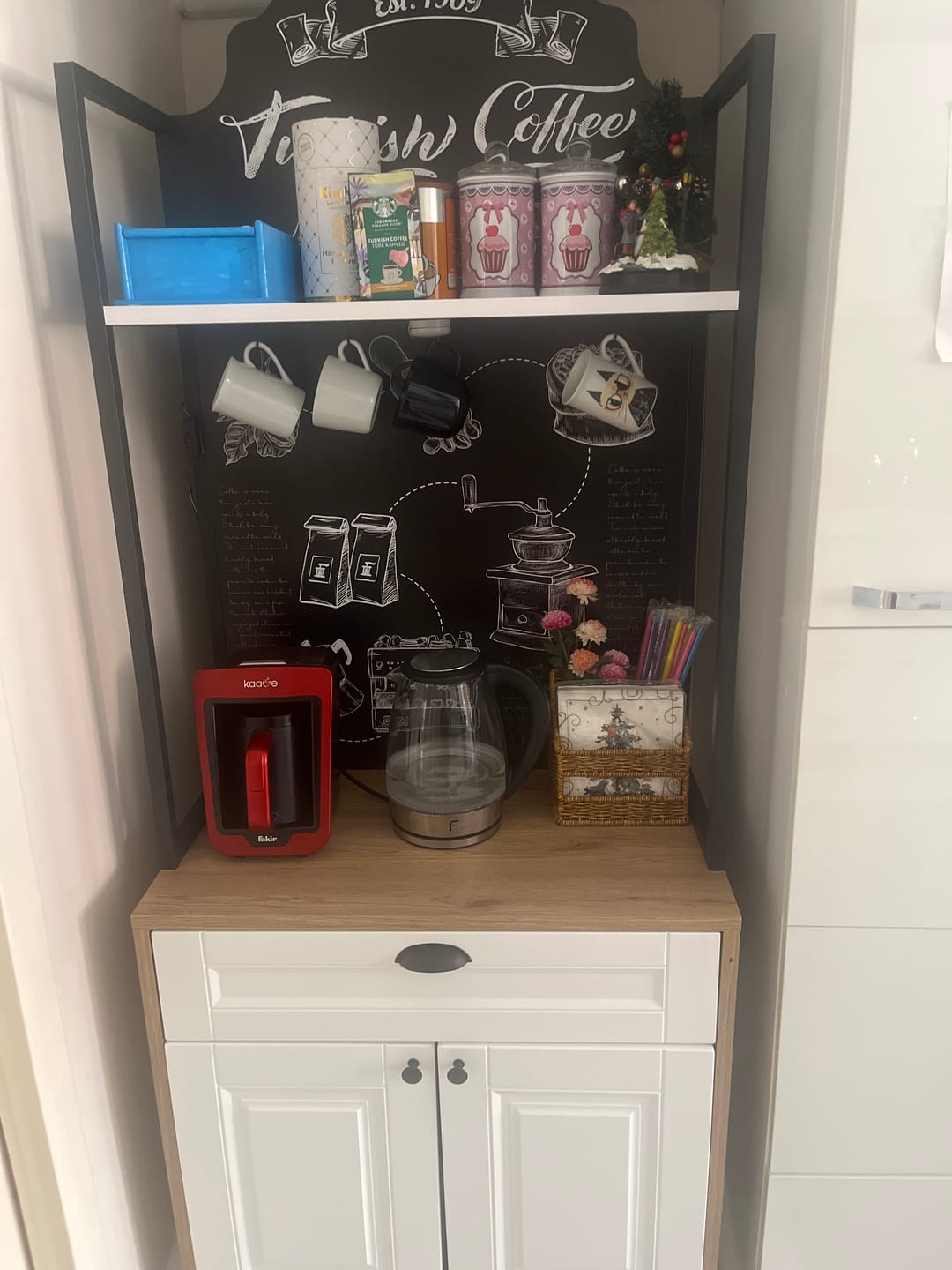 Customer photo review of Rani JE158 Işıklı Kahve Köşesi Membran Kapaklı Çekmeceli Çok Amaçlı Mutfak Dolabı Sepet Ceviz - Beyaz