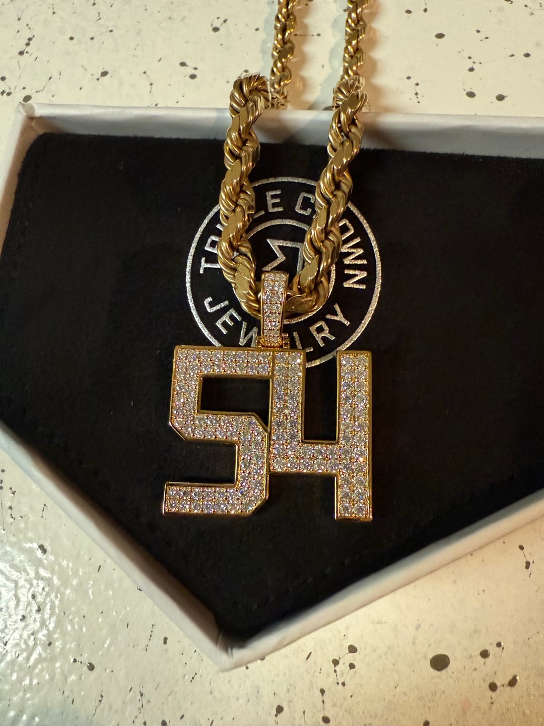 Customer photo review of Iced Jersey Number Pendant with Moissanite Diamonds (18K Gold Vermeil)
