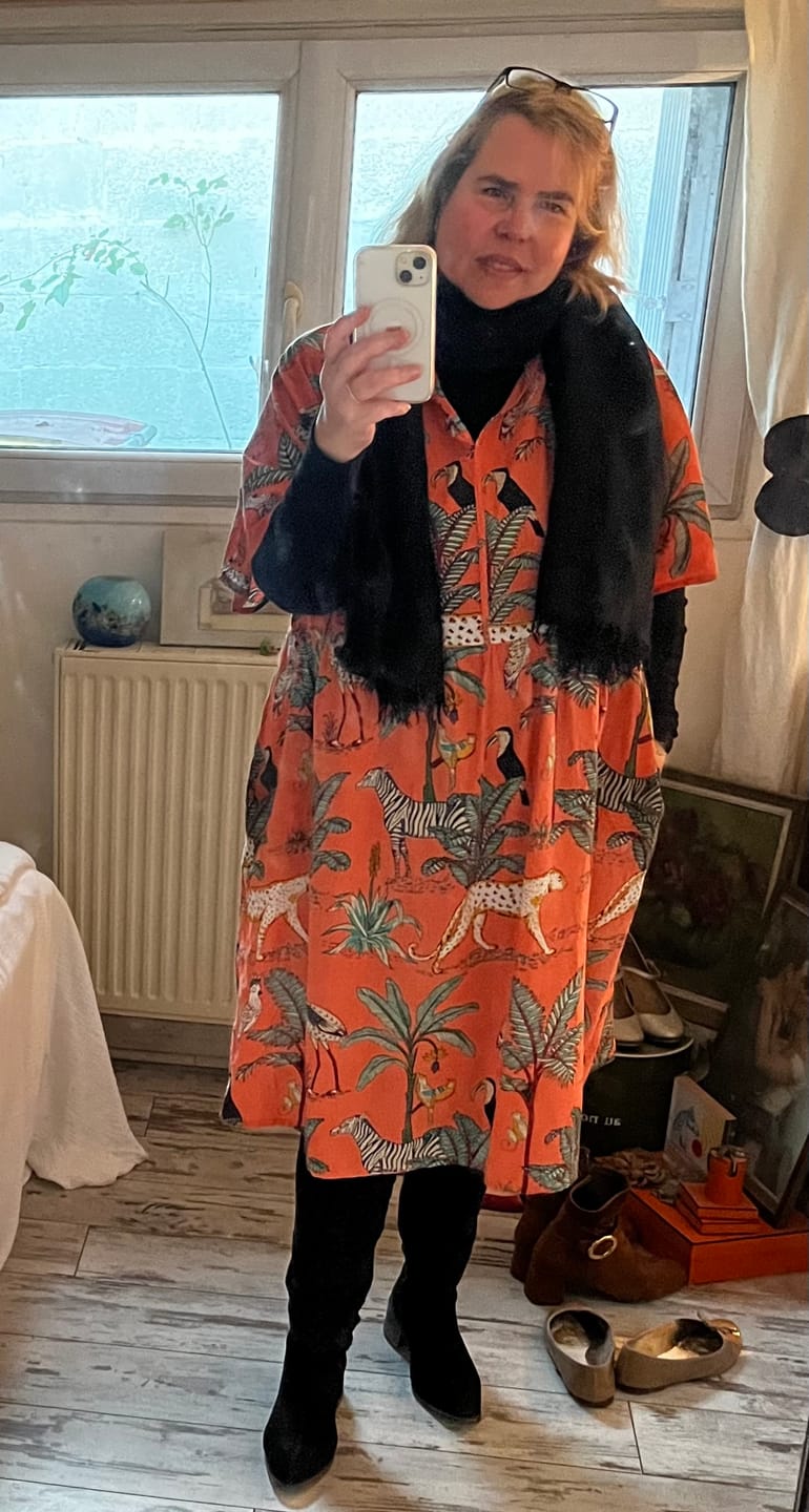 Customer photo review of Robe Bella - double gaze de coton fleuri caramel