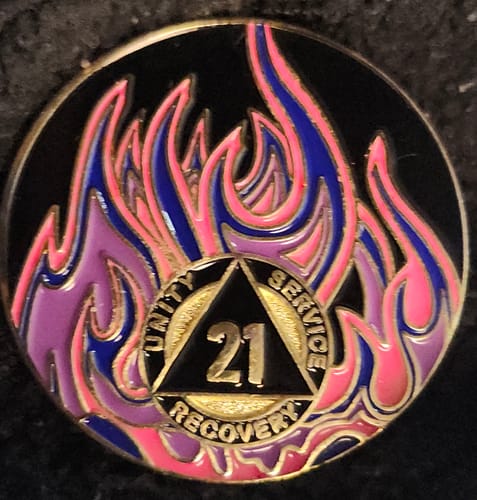 Customer photo review of 1 to 40 Year Sobriety Mint Twisted Flames Gold Plated AA Recovery Medallion/Chip/Coin - Black/Pink/Purple/Blue