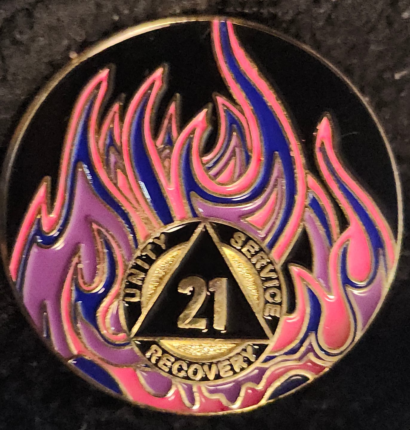 Customer photo review of 1 to 40 Year Sobriety Mint Twisted Flames Gold Plated AA Recovery Medallion/Chip/Coin - Black/Pink/Purple/Blue