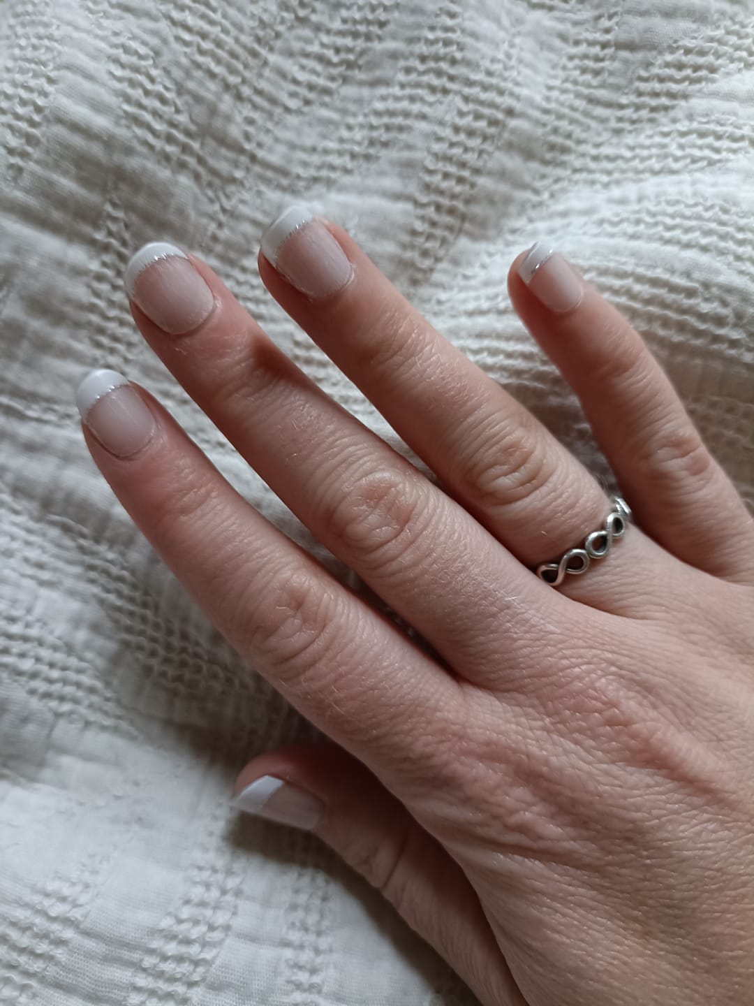 Customer photo review of White French Tip Glitter DIY Semicured Gel Nail Sticker Kit