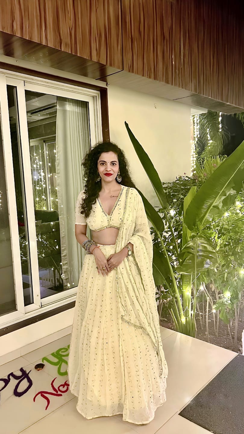 Customer photo review of Astoria Ivory Mirror Work Lehenga Set