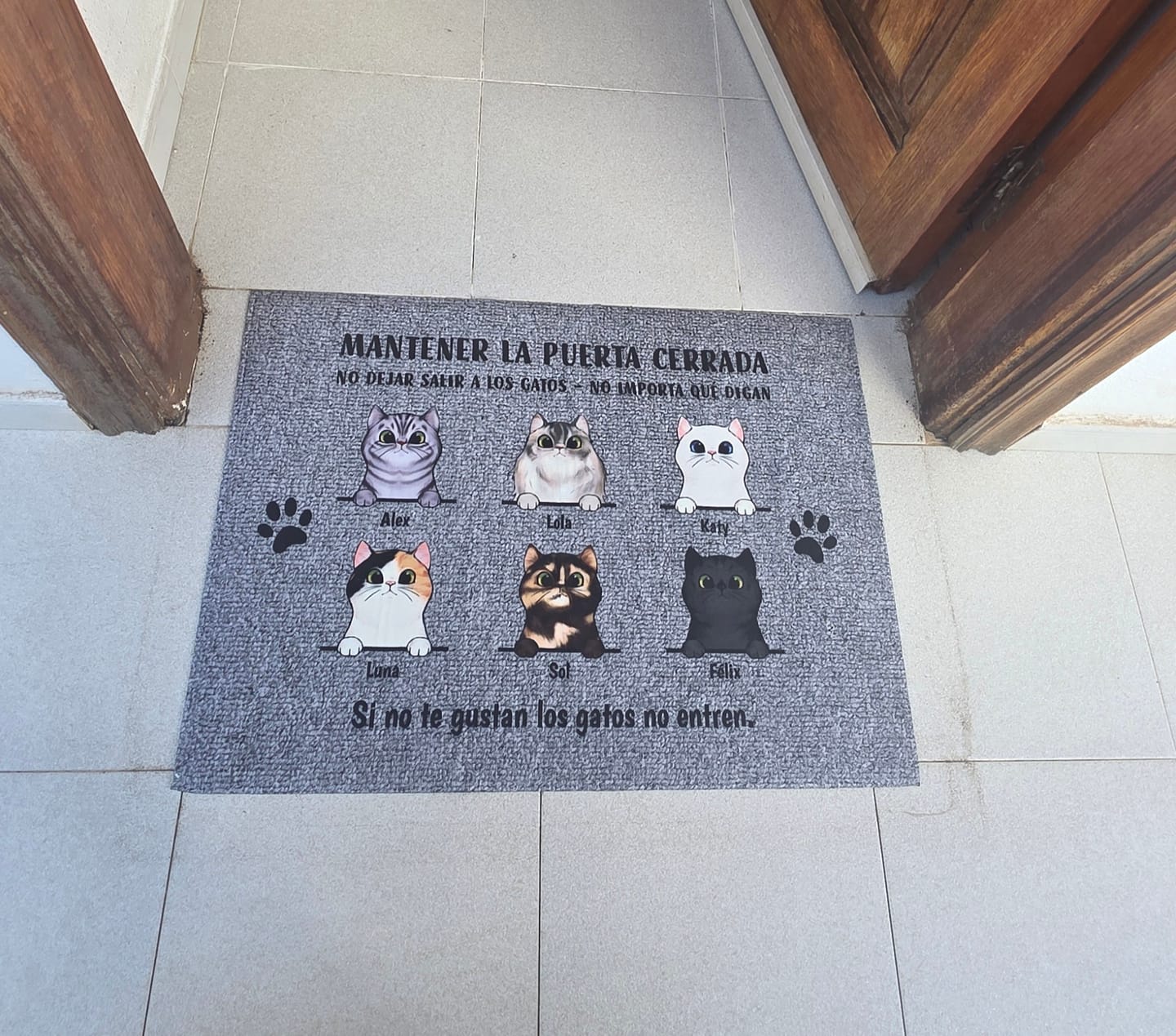 Customer photo review of Bienvenidos a lo de gatos curiosos - Felpudo personalizado