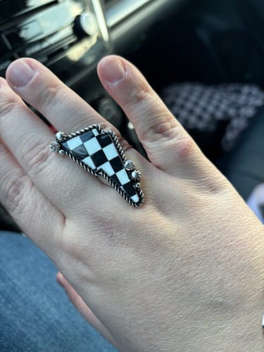 Customer photo review of Checkered Black and White Lightning Bolt Adjustable Ring