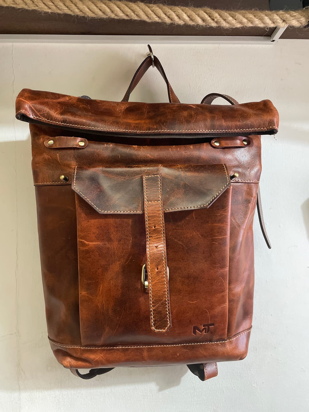 Customer photo review of Brown Saddleback Backpack- Roll Top