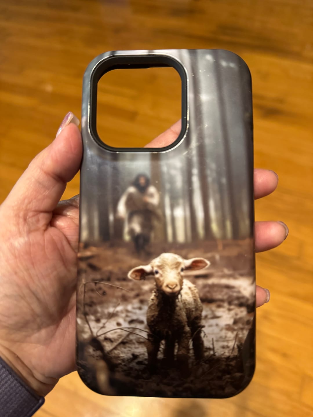Customer photo review of Jesus With The Sheep, Jesus Running After Lamb, Phone Case