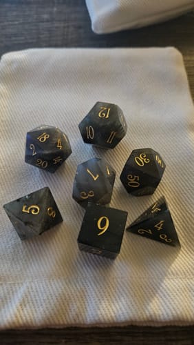 Customer photo review of URWizards D&D Labradorite Gemstone Engraved Dice Set