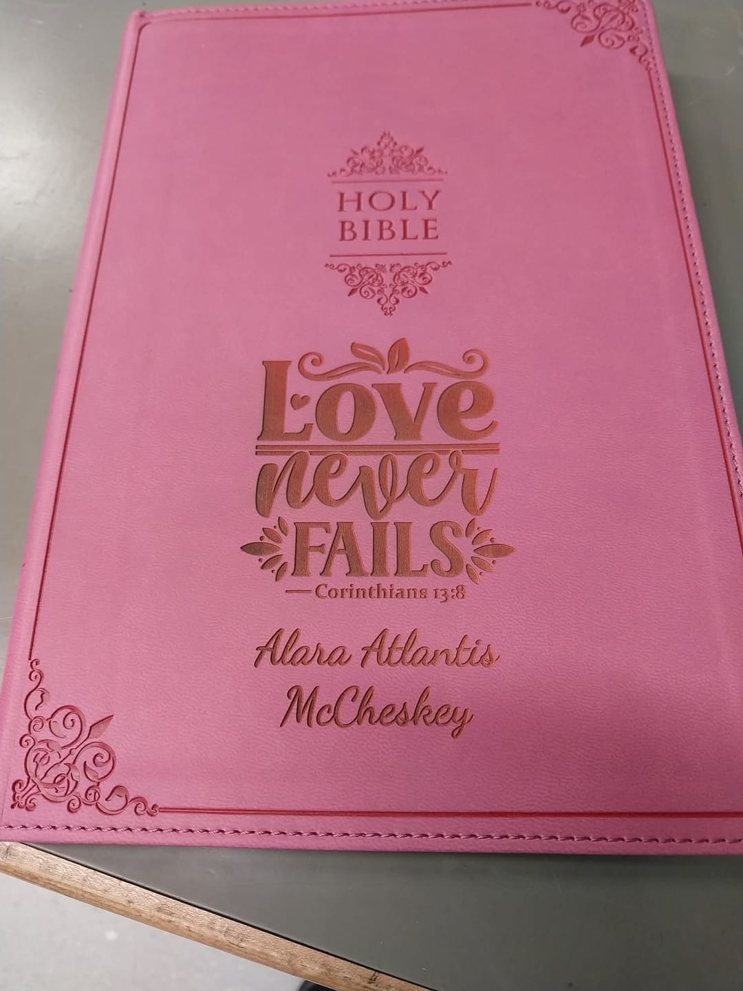 Customer photo review of Personalized NIV Bible Large Print - Pink Thinline - Engraved Verse