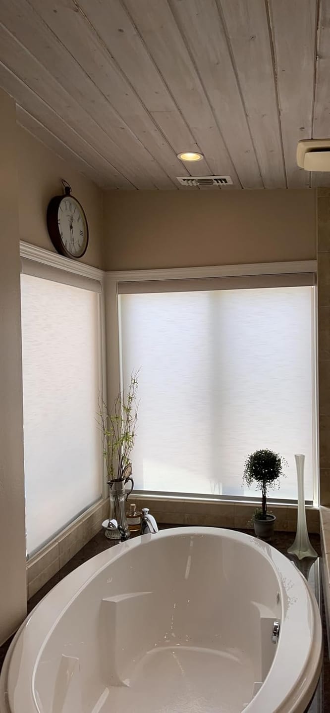 Customer photo review of Bringnox Motorized Light Filtering Roller Shades 70% Blackout Essential