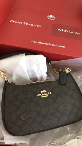 Customer photo review of Coach Women's Teri Shoulder Bag In Signature Canvas Gold/Walnut/Black