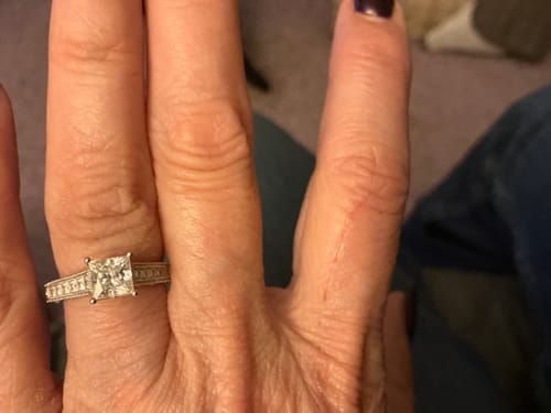 Customer photo review of Vintage Princess Cut Moissanite Milgrain Engagement Ring in 18K White Gold
