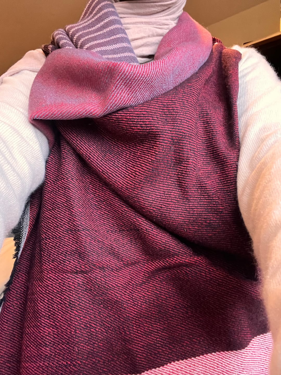 Customer photo review of IMPERFECT PETITE Light Wool Cape Fusion Red