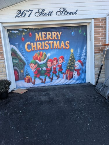 Customer photo review of Elf Village Express – Christmas Garage Door Cover