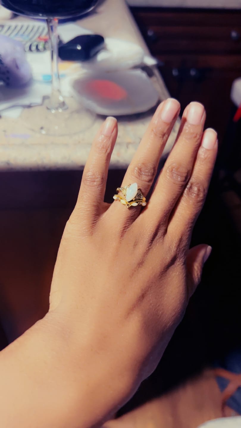 Customer photo review of FREE Today: Vintage Milgrain Marquise Opal and Emerald Three-Piece Ring Set
