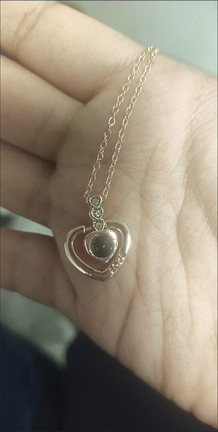 Customer photo review of Triple Heart – Custom Photo Projection Necklace