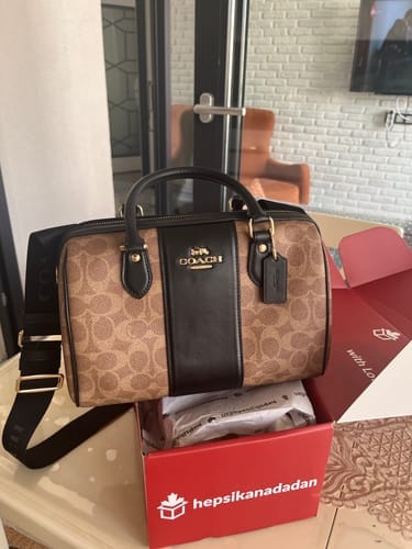 Customer photo review of Coach Women's Rowan Satchel Bag In Signature Canvas Gold/Tan/Black