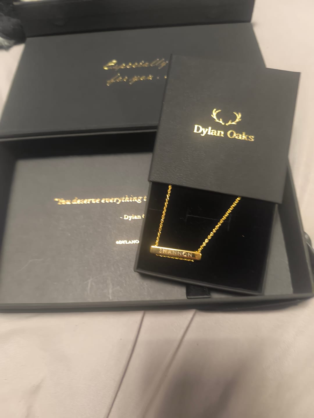 Customer photo review of Personalised Matching Set 3cm Letter Bar & Engraved Bracelet in Gold