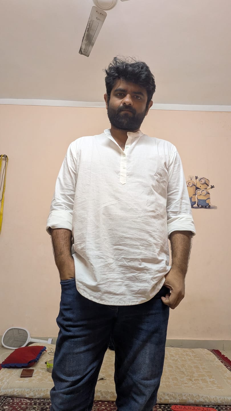 Customer photo review of Men White Airy Linen Short Kurta