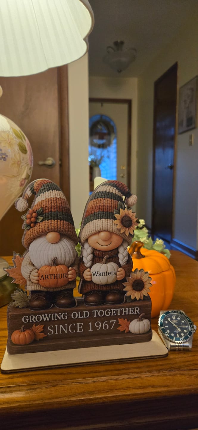 Customer photo review of Personalized "Growing Old Together" Gnome Plaque With Couple Names & Sunflowers Pumpkins Autumn's Warm Charm For Couple Gift For Grandparent