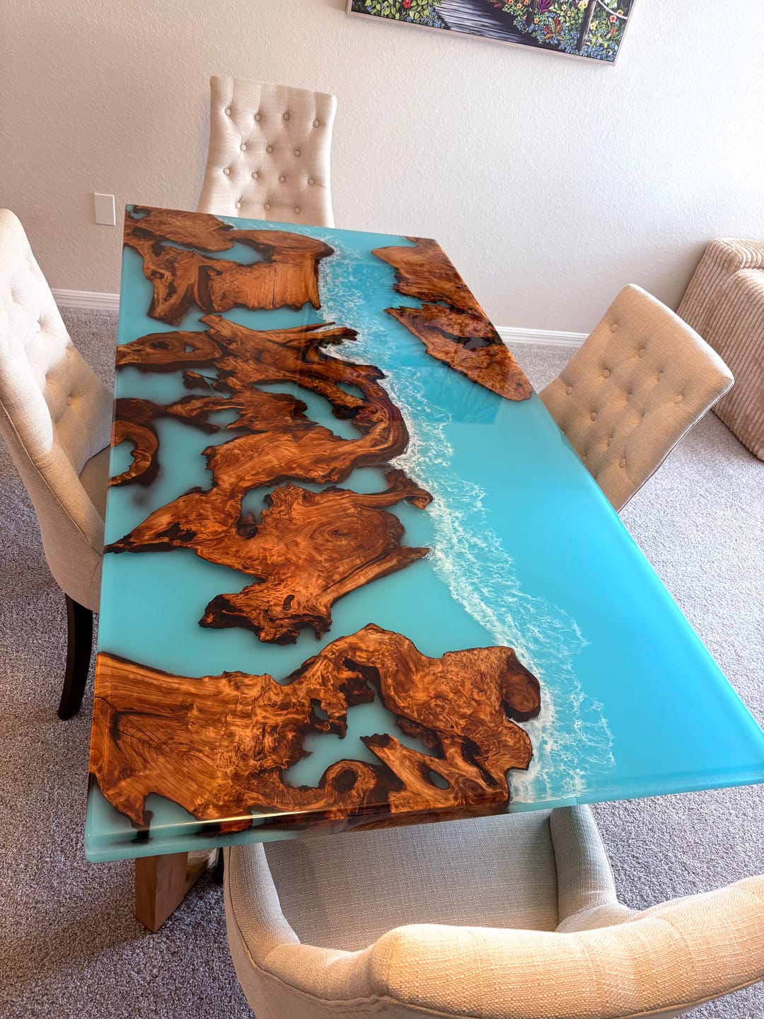 Customer photo review of Custom Golden Camphor Kitchen Epoxy Resin River Table CRT-082