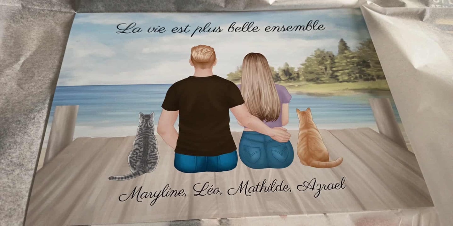 Customer photo review of Affiche Personnalisée - Couple & Animaux Chat Chien et Lapin