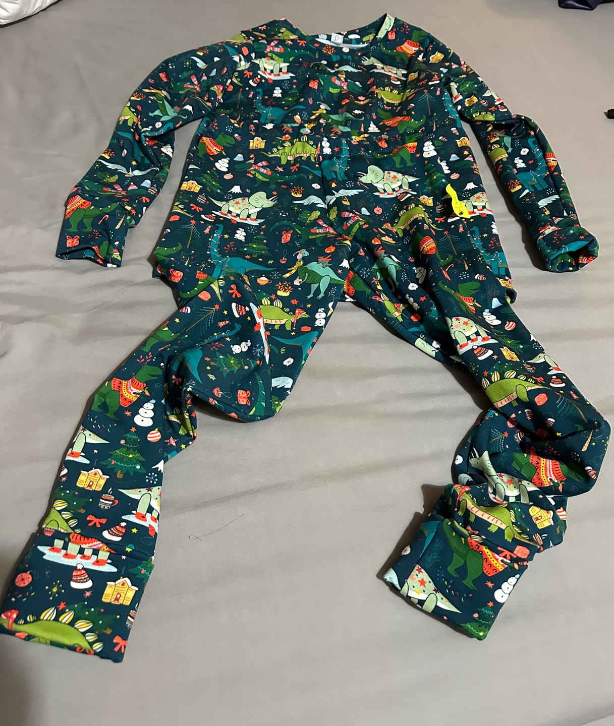 Customer photo review of Christmas Dinosaurs on Dark Teal French Terry Fabric