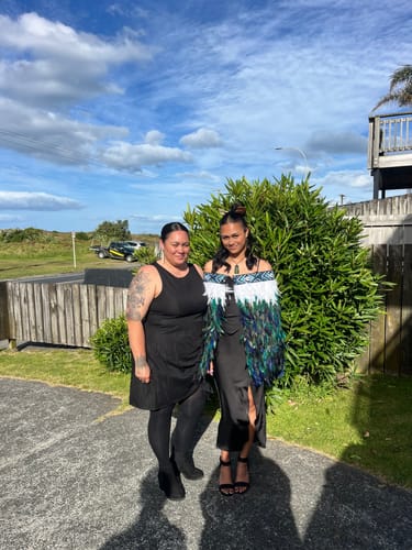 Customer photo review of Maori Paua Blue Korowai Cape