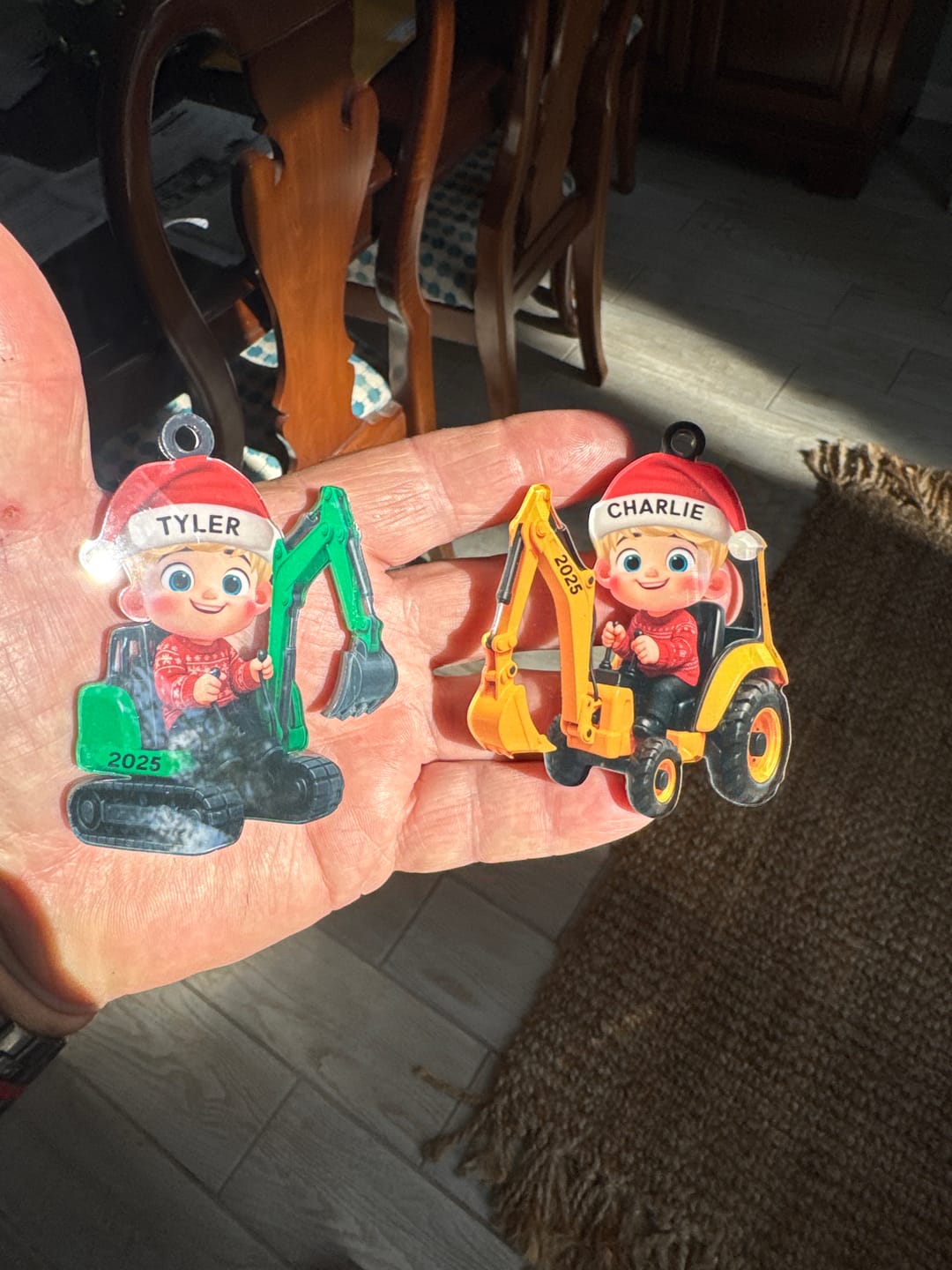 Customer photo review of 3D Effect Little Boy Kid With Car Excavator Backhoe Tractor Christmas Personalized Acrylic Ornament