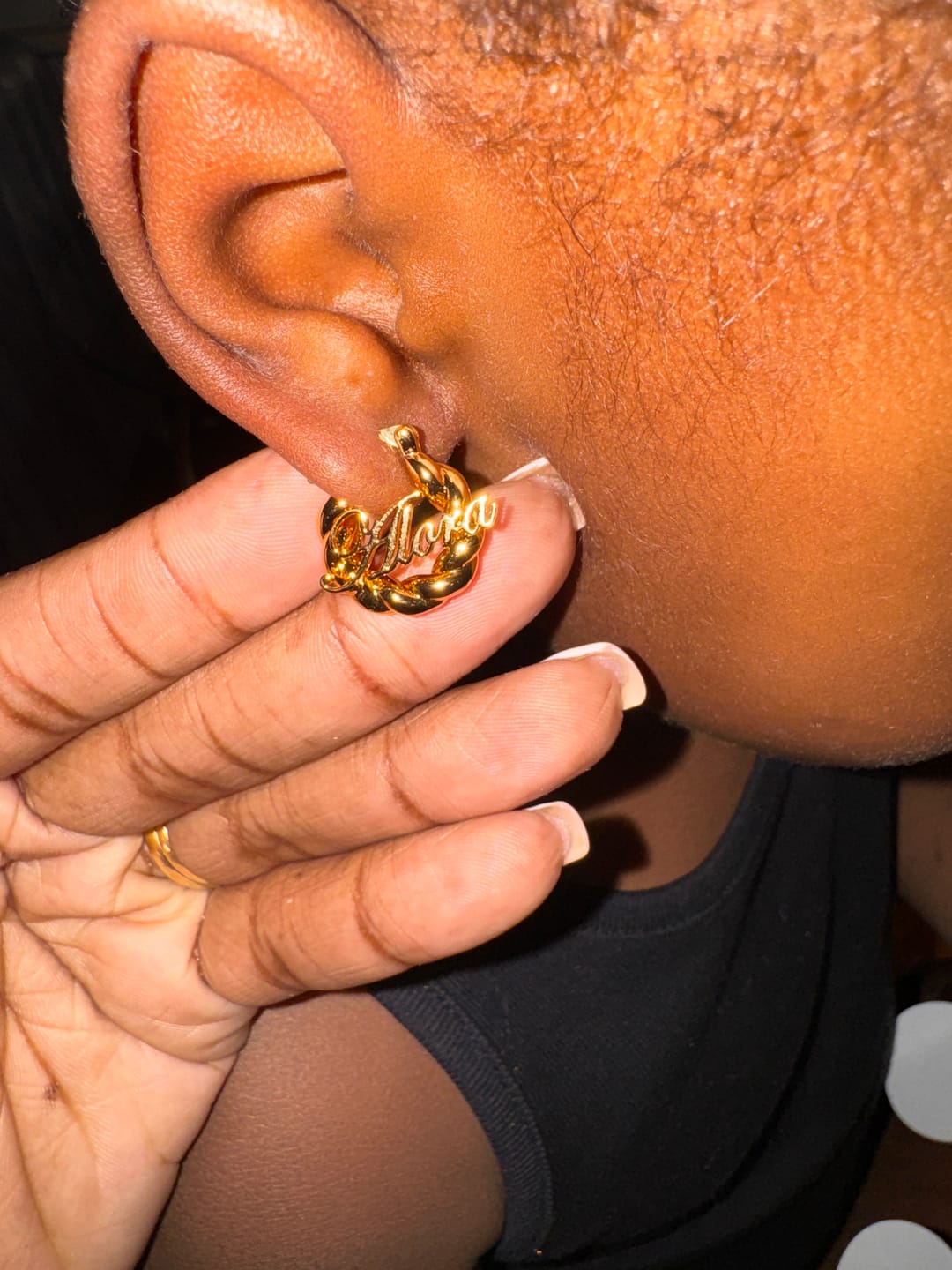 Customer photo review of Girl's Twisted Hoop Name Earrings