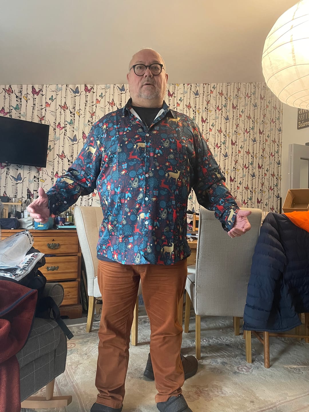 Customer photo review of Men's Vintage Christmas reindeer Printed Holiday Long Sleeve Shirt