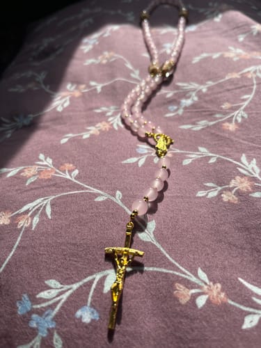 Customer photo review of Christianartworkshop Handmade Pink Chalcedony & Porcelain Golden Sand Our Father Beads Prayer Rosary