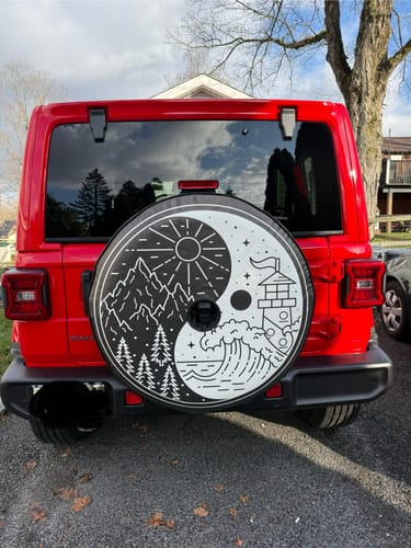 Customer photo review of Mountains Meet Ocean Yin Yang Spare Tire Cover - Jeep, Bronco, RV, Camper, Trailer, FJ Cruiser, & More