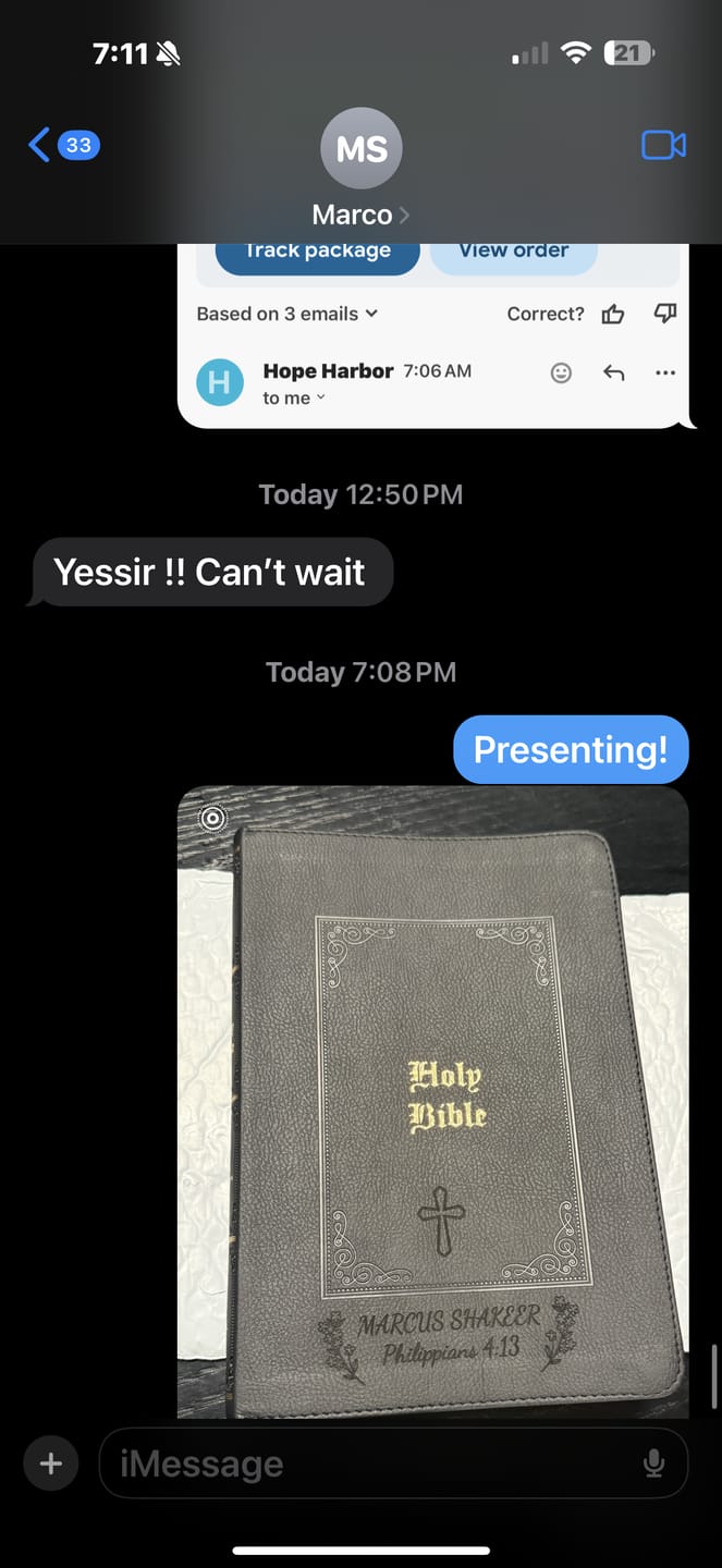 Customer photo review of Personalized Large Print KJV Bible - Black Thinline - Engraved Cross Floral Frame