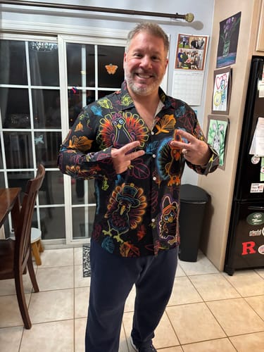 Customer photo review of Men's Neon Turkey Print Thanksgiving Long Sleeve Shirt