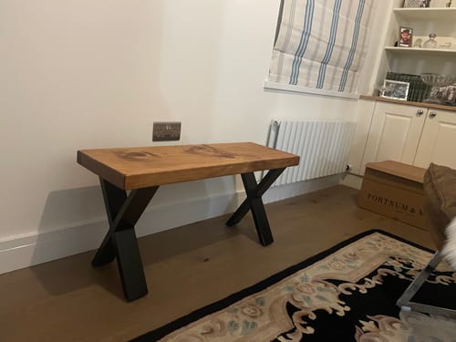 Customer photo review of X-Leg Dining Table Bench | Rustic Shoe Bench