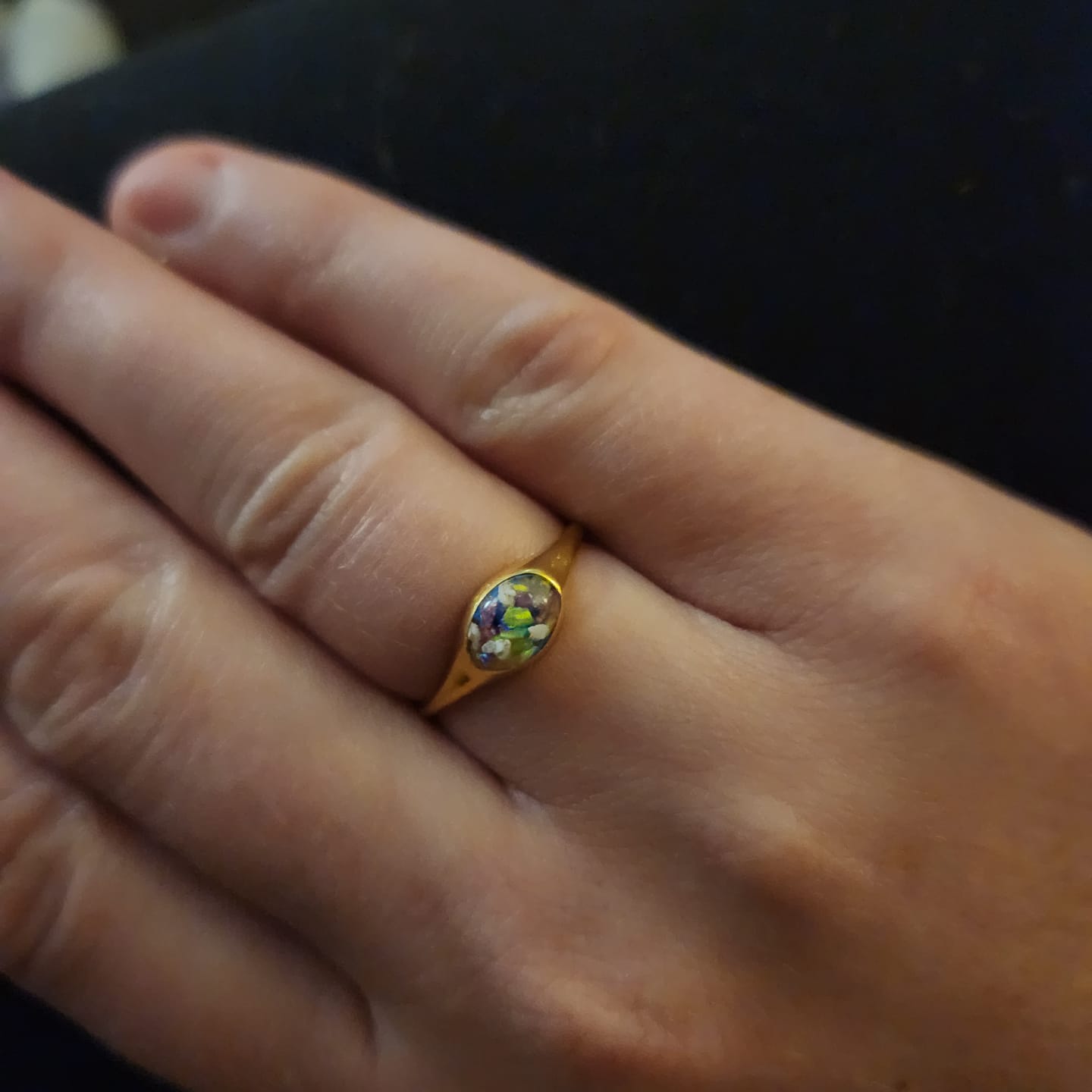 Customer photo review of Golden Oval Ring with Cremation Ashes