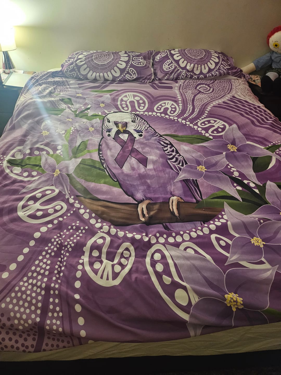Customer photo review of Epilepsy Awareness Budgerigar Australia Bedding Set Budgie Purple Ribbon Boronia Aboriginal LT14