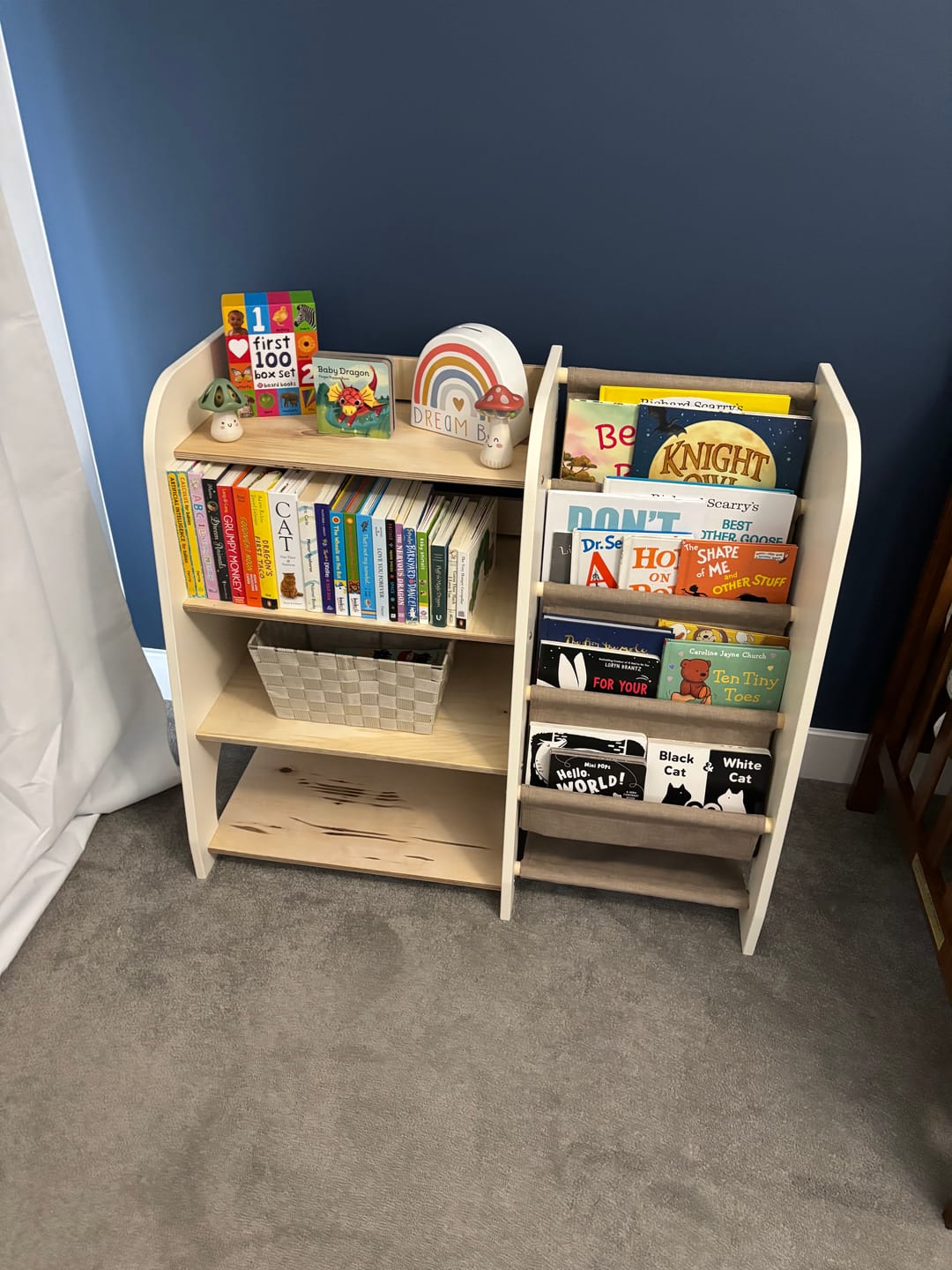 Customer photo review of Wooden Montessori Shelves for Toddler 2in1: Bookshelf & Toy Shelving