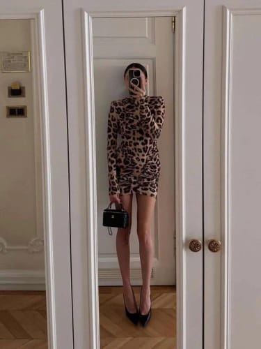 Customer photo review of Mozision Turtleneck Long Sleeve Sexy Mini Dress Women Elegant Leopard Print Backless High Waist Bodycon Club Party Dresses