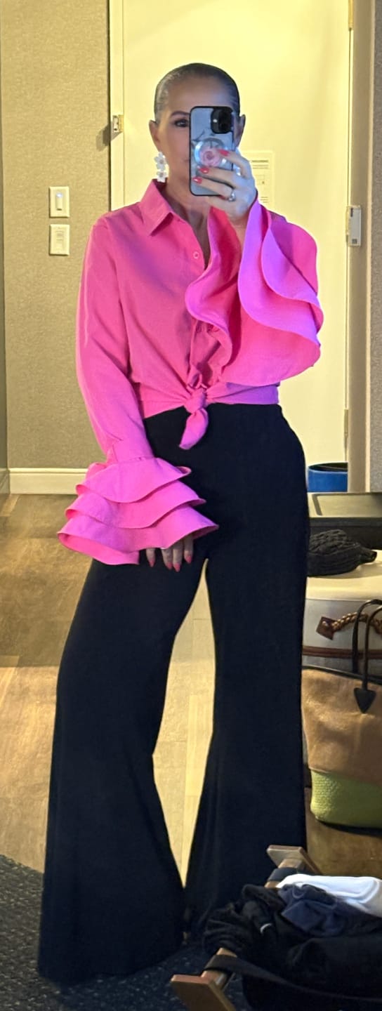 Customer photo review of Flared Sleeves Bow-Embellished Falbala Solid Color Lapel Blouses&Shirts Tops