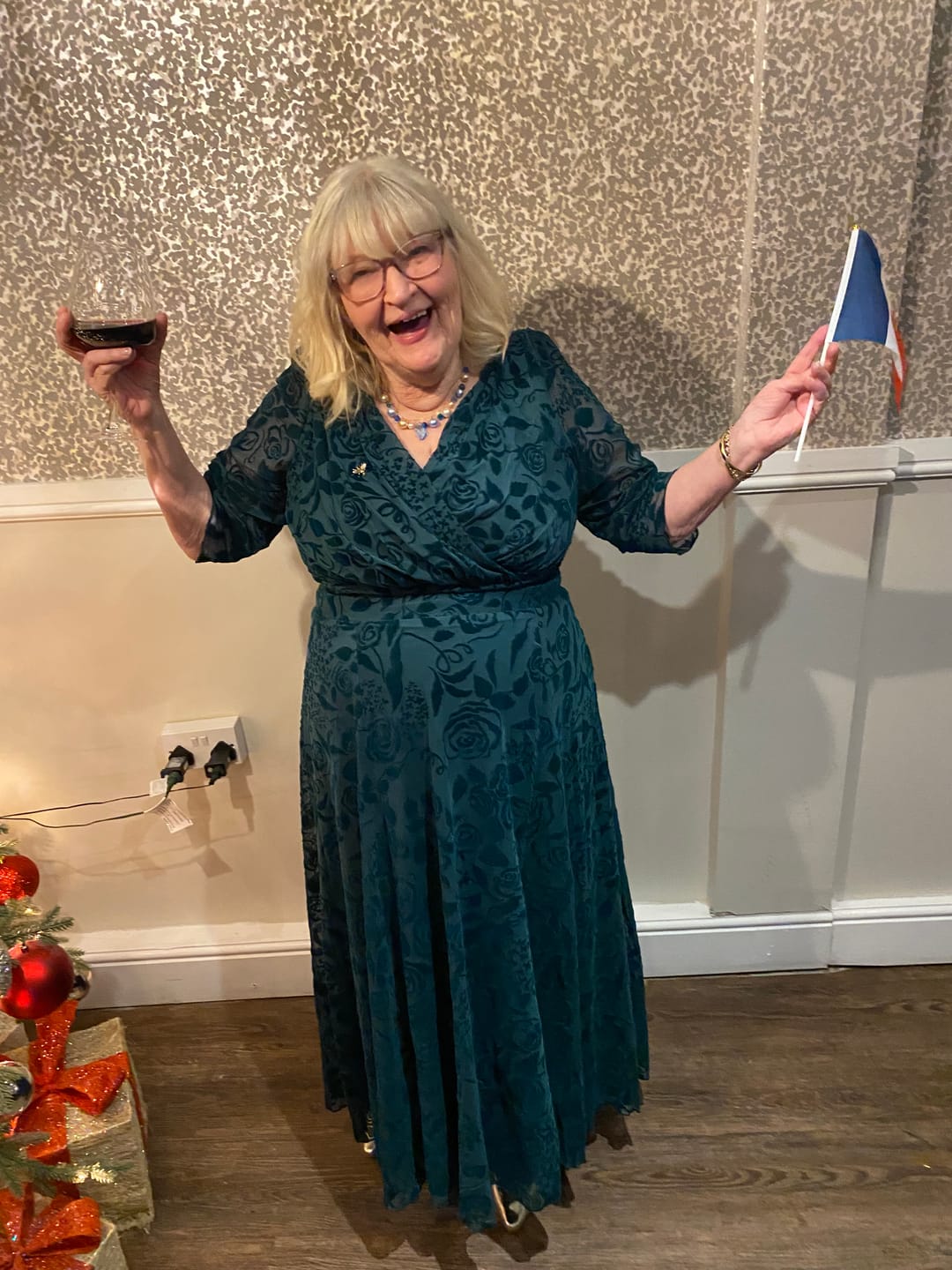 Customer photo review of Verity Chic Velvet Flock Maxi Gown in Dark Green