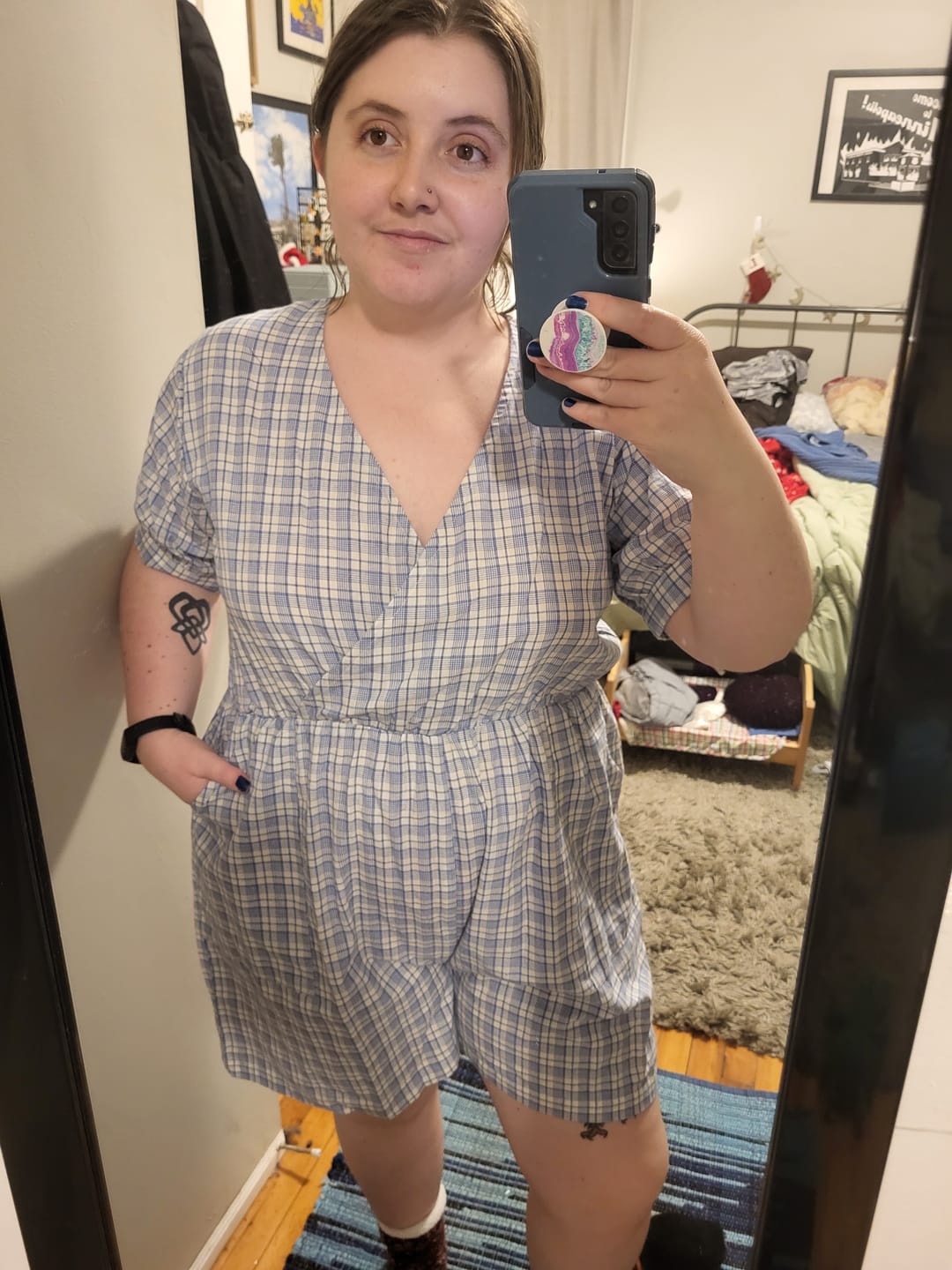 Customer photo review of Powder Blue Checks Handspun Cotton Short Playsuit