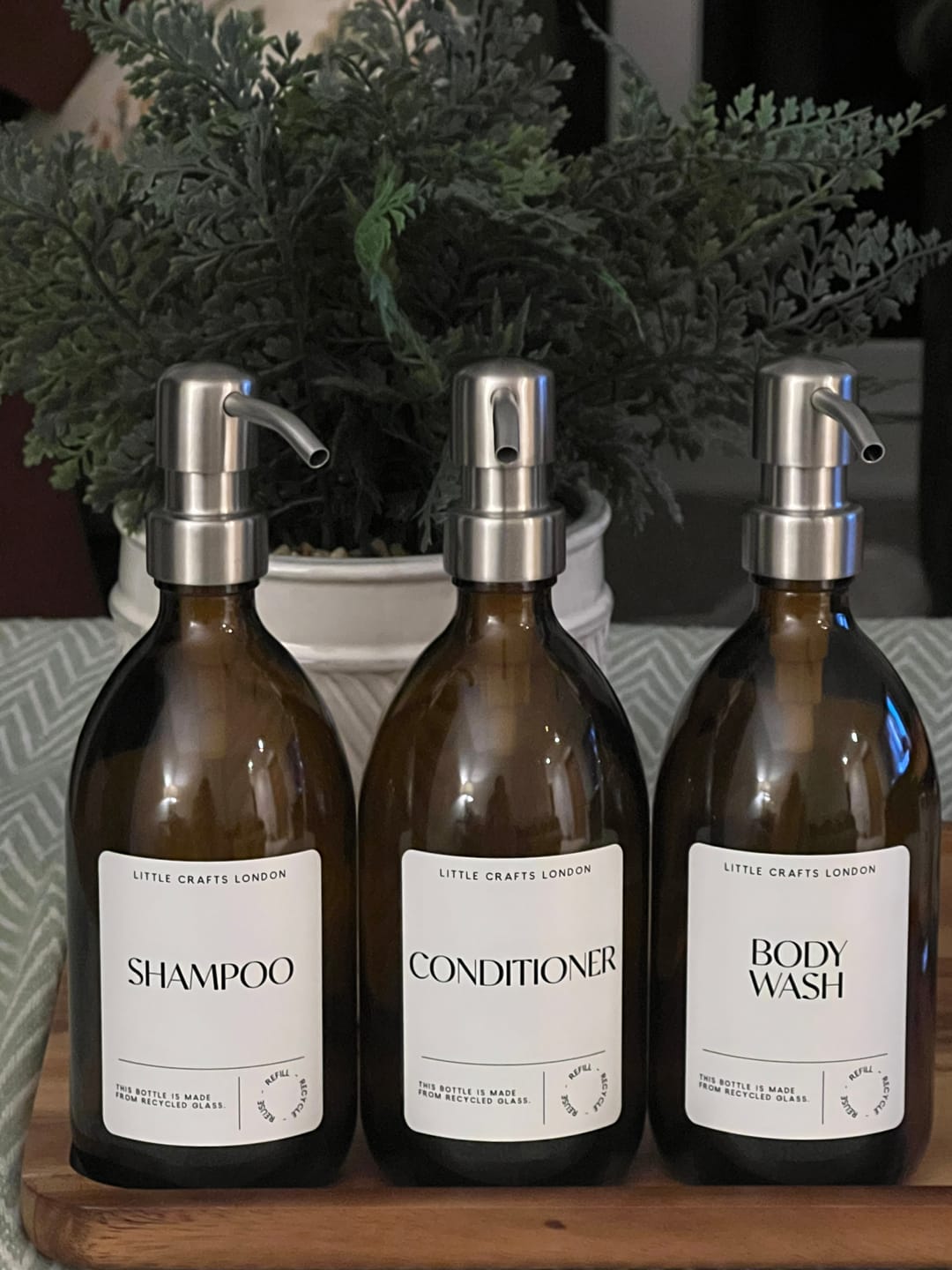 Customer photo review of Set of 3 Bathroom Reusable Amber Glass Bottles 500 ML with Metal Pump