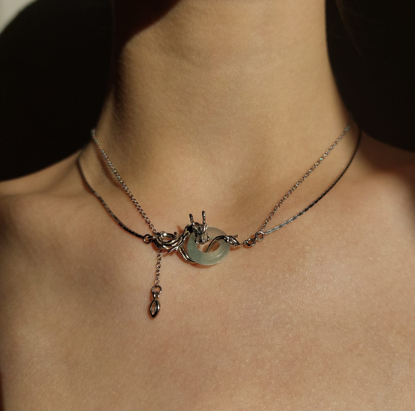 Customer photo review of "Loong" 925 Sterling Silver Abstract Dragon Jade Necklace, Open Collar Choker