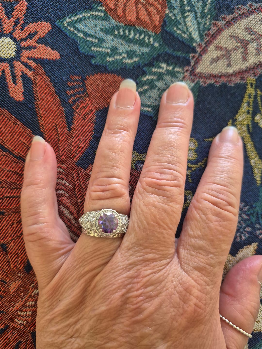 Customer photo review of Art Deco Halo Round Moissanite Cluster Side-stone Sapphire Pave Engagement Ring