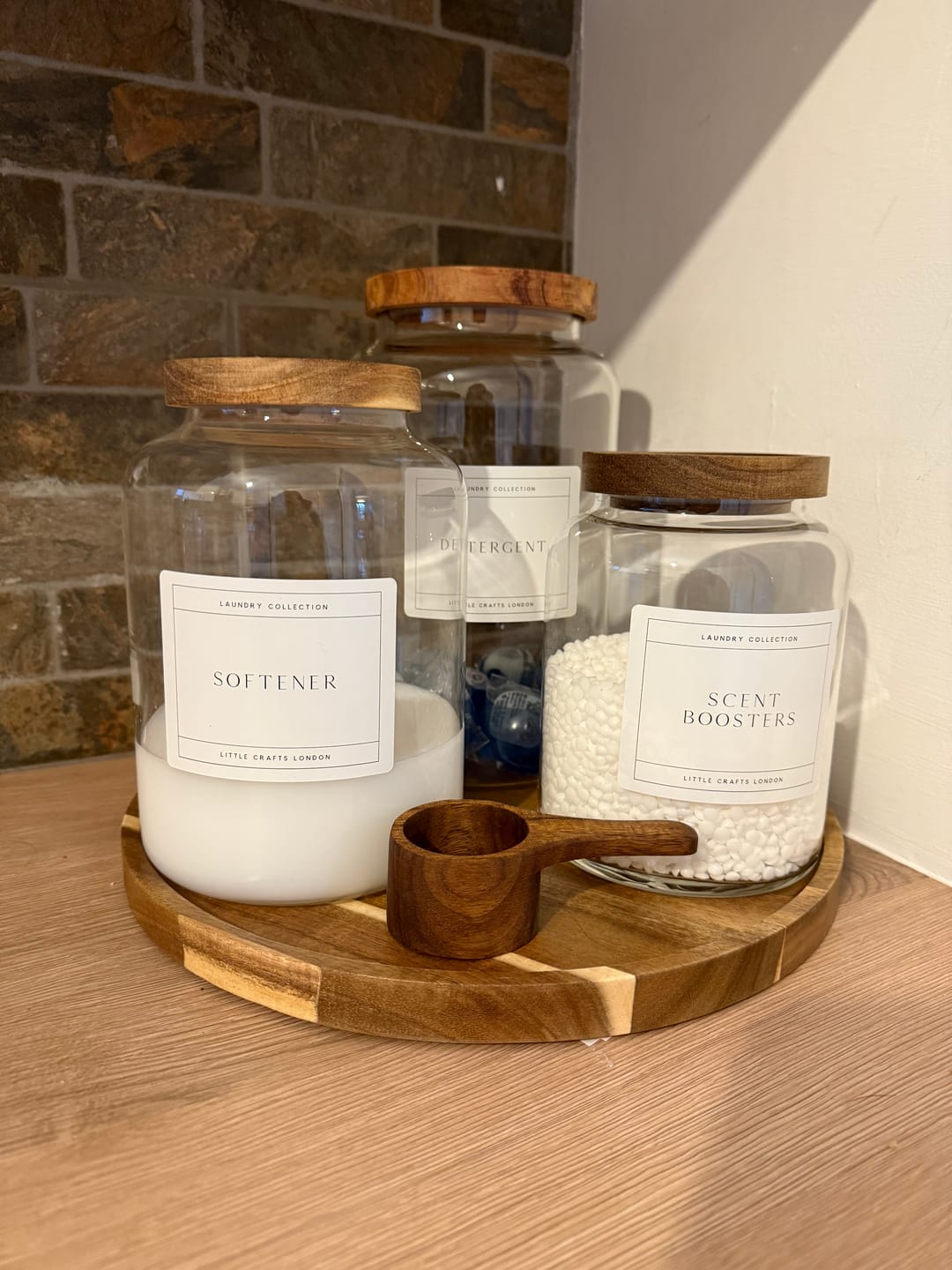 Customer photo review of Set of 3 Acacia Large Laundry Jars & Round Acacia 31.5 CM Diameter Tray